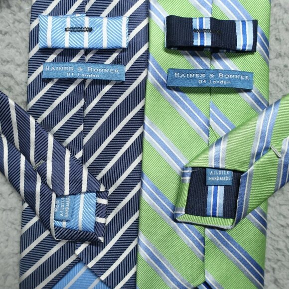 Two Haines & Bonner Ties Men Blue Silver Green Hand Made 100% Silk 60" x 3.25" - Picture 8 of 9